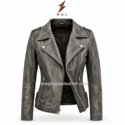 Women biker jacket inner view with black lining, open diagonal zipper, lapel collar, metal snap buttons and waist zipper pockets.