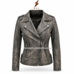 Women biker jacket back view with distressed grey leather texture, shaped panel seams, long sleeves