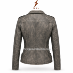 Women biker jacket specs image with lapel collar, diagonal zipper closure, silver hardware, waist zip pockets and side tabs.