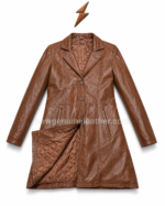 Women brown leather coat wholesale design with front button closure and side front