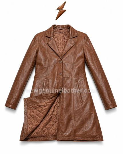 Women brown leather coat wholesale design with front button closure and side front