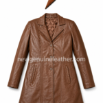 Women brown leather coat wholesale back and front views with quilted inner lining details