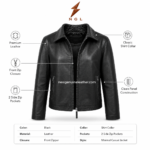 Women plain jacket front view with black leather body, classic collar, front zipper, side zip pockets and NGL