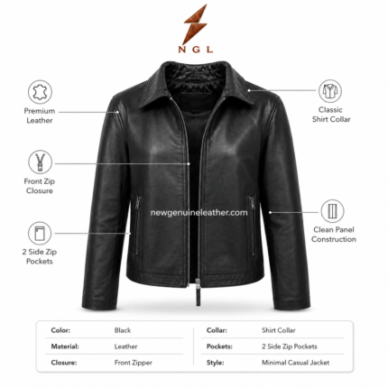 Women plain jacket front view with black leather body, classic collar, front zipper, side zip pockets and NGL