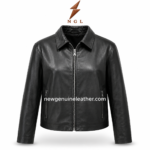 Women plain jacket inner view with open front zipper, black lining, classic collar and smooth leather
