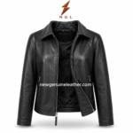Women plain jacket back view with smooth black leather surface, long sleeves, clean seams