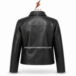Women plain jacket specs image with black leather shell, full zipper closure, side zip pockets and classic collar.