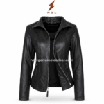 Women’s black leather jacket wholesale e-commerce image with NGL top logo, white watermark and premium black leather finish