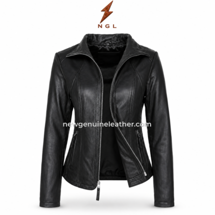 Women’s black leather jacket wholesale e-commerce image with NGL top logo, white watermark and premium black leather finish