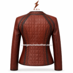 Close-up product specs image of brown braided leather jacket with collar, zipper pockets, stitching, and material details.