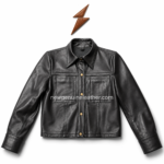 Women’s cropped leather jacket in black with pointed collar, gold snap buttons, chest patch pockets