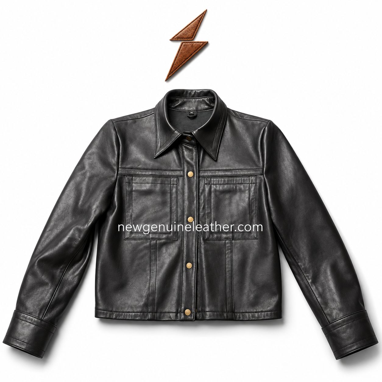 Women’s Cropped Leather Jacket Back View Women’s cropped leather jacket in black with pointed collar, gold snap buttons, chest patch pockets