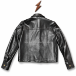Women’s cropped leather jacket specs image with point collar, front snap buttons, chest patch pockets, cuff tabs, and smooth black leather.