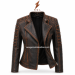 Product specs image of distressed biker jacket with lapel collar, padded shoulder design, zipper pockets, and premium stitching.