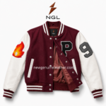 Women’s patch varsity jacket shown partly open with satin lining, NGL collar label, snap front, P chest patch, and flame sleeve patch.