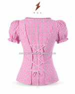 Pink gingham dirndl blouse with puff sleeves, lace-trim square neckline, front buttons, fitted waist, NGL logo placement, and clean