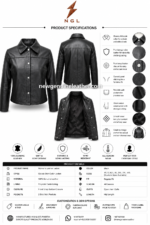 Women’s snap leather jacket in black with shirt collar, silver snap buttons, curved stitching, and smooth leather surface.