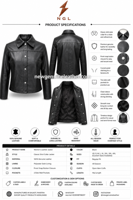 Women’s snap leather jacket in black with shirt collar, silver snap buttons, curved stitching, and smooth leather surface.