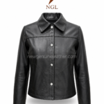 Women’s snap leather jacket back pose with smooth black leather, shoulder seam, center back stitching