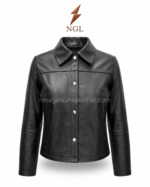 Women’s snap leather jacket back pose with smooth black leather, shoulder seam, center back stitching