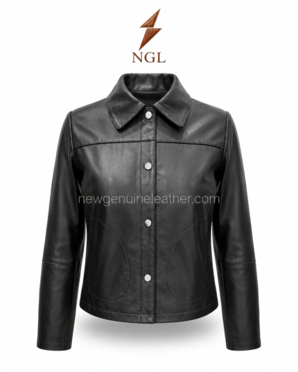 Leather Goods Custom Women’s snap leather jacket back pose with smooth black leather, shoulder seam, center back stitching
