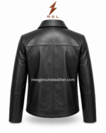 Women’s snap leather jacket shown open with smooth inner lining, black leather collar, silver snap buttons, and short jacket shape.