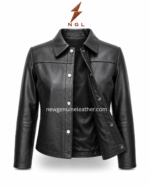Women’s snap leather jacket close-up showing silver snap button, black leather texture, collar shape, and neat stitching.