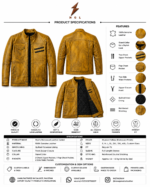 Yellow cafe racer jacket with distressed mustard leather, stand collar, black zipper, flap chest pocket, and chest zipper pockets.