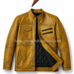 Yellow cafe racer jacket back pose with distressed leather surface, stand collar, vertical back panel seams, and clean