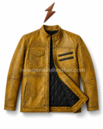 Yellow cafe racer jacket back pose with distressed leather surface, stand collar, vertical back panel seams, and clean