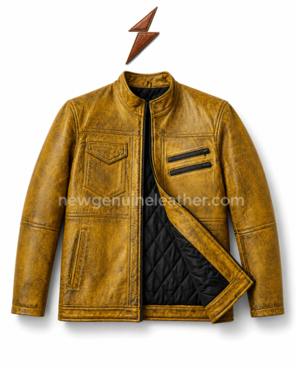 Yellow cafe racer jacket back pose with distressed leather surface, stand collar, vertical back panel seams, and clean