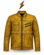 Yellow cafe racer jacket shown open with black quilted lining, front zipper, stand collar, flap chest pocket, and side waist pockets.
