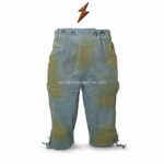 NGL ice blue suede lederhosen shorts with washed grey-blue finish, decorative front bib, metal buttons, tonal stitching, and white studio setup