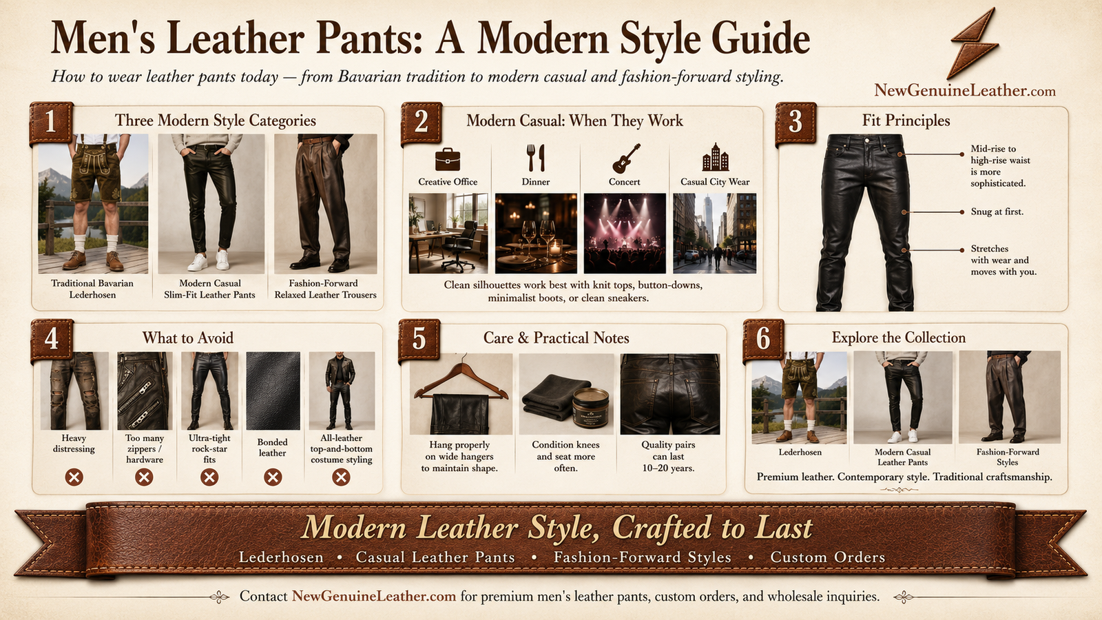 Men’s leather pants style guide showing Bavarian lederhosen, modern casual leather pants, and fashion-forward leather trousers