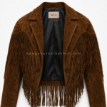 Distressed chocolate-brown suede cropped jacket featuring curved Western yoke seams and extended hem fringe
