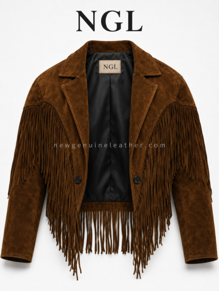 Distressed chocolate-brown suede cropped jacket featuring curved Western yoke seams and extended hem fringe