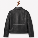 Front-facing black paneled leather jacket showing vertical stitching, two side pockets, and dark metal zipper