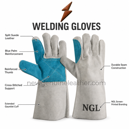 Blue palm welding gloves with grey suede cuffs and NGL branding – newgenuineleather.com