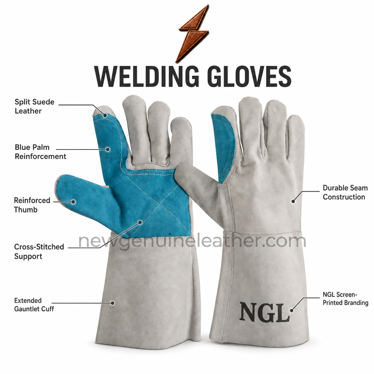 2-Tone Blue Palm Welding Gloves | New Genuine Leather Blue palm welding gloves with grey suede cuffs and NGL branding – newgenuineleather.com