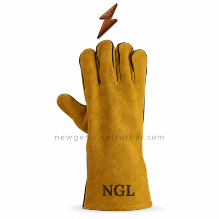 Yellow gauntlet welding gloves with black cuff panel and NGL branding – newgenuineleather.com