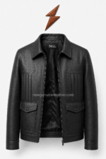 Four-pocket black leather field jacket showing stitched chest panels, center zipper, and tonal seams