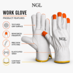Best driving gloves in white with orange fingertips, yellow cuff trim, stitched panels and black NGL logo