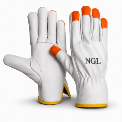 Best driving gloves back view with white textured body, colored fingertips, elastic wrist and centered NGL logo