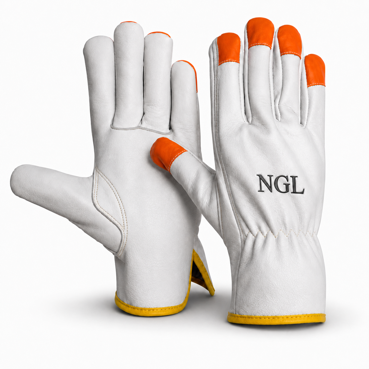 Best Driving Gloves – Palm and Stitching Detail genuine leather Best driving gloves back view with white textured body, colored fingertips, elastic wrist and centered NGL logo