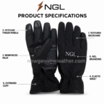 Best mechanic gloves in black with textured backhand, reinforced dotted palm, white stitching and NGL