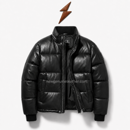 Back view of the best puffer jacket with uninterrupted horizontal quilting, black ribbed hem, and padded sleeves