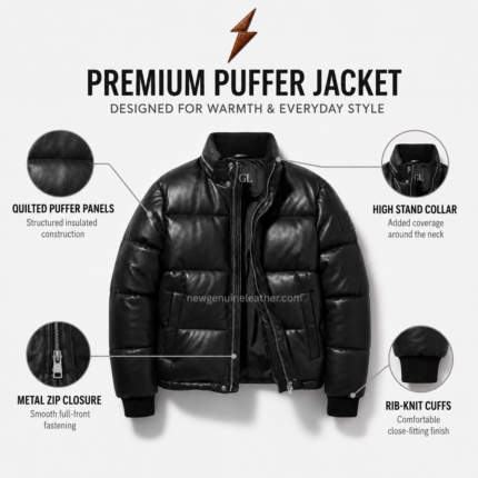 Best puffer jacket in glossy black leather with horizontal quilted panels and silver zippers by newgenuineleather.com