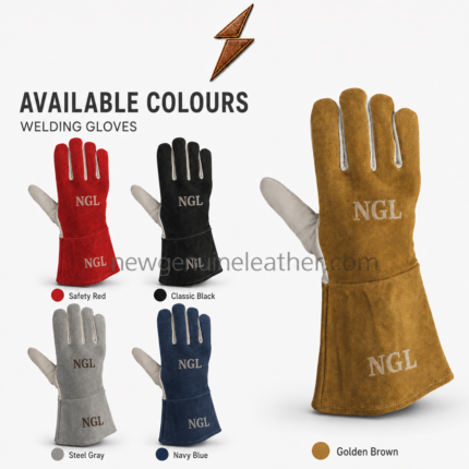 Best welding gloves showing golden-brown suede back, pale leather palm and stitched long cuffs