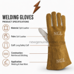 Best welding gloves in golden-brown split leather with off-white thumb panels and NGL logo