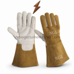 Best welding gloves showing golden-brown suede back, pale leather palm and stitched long cuffs